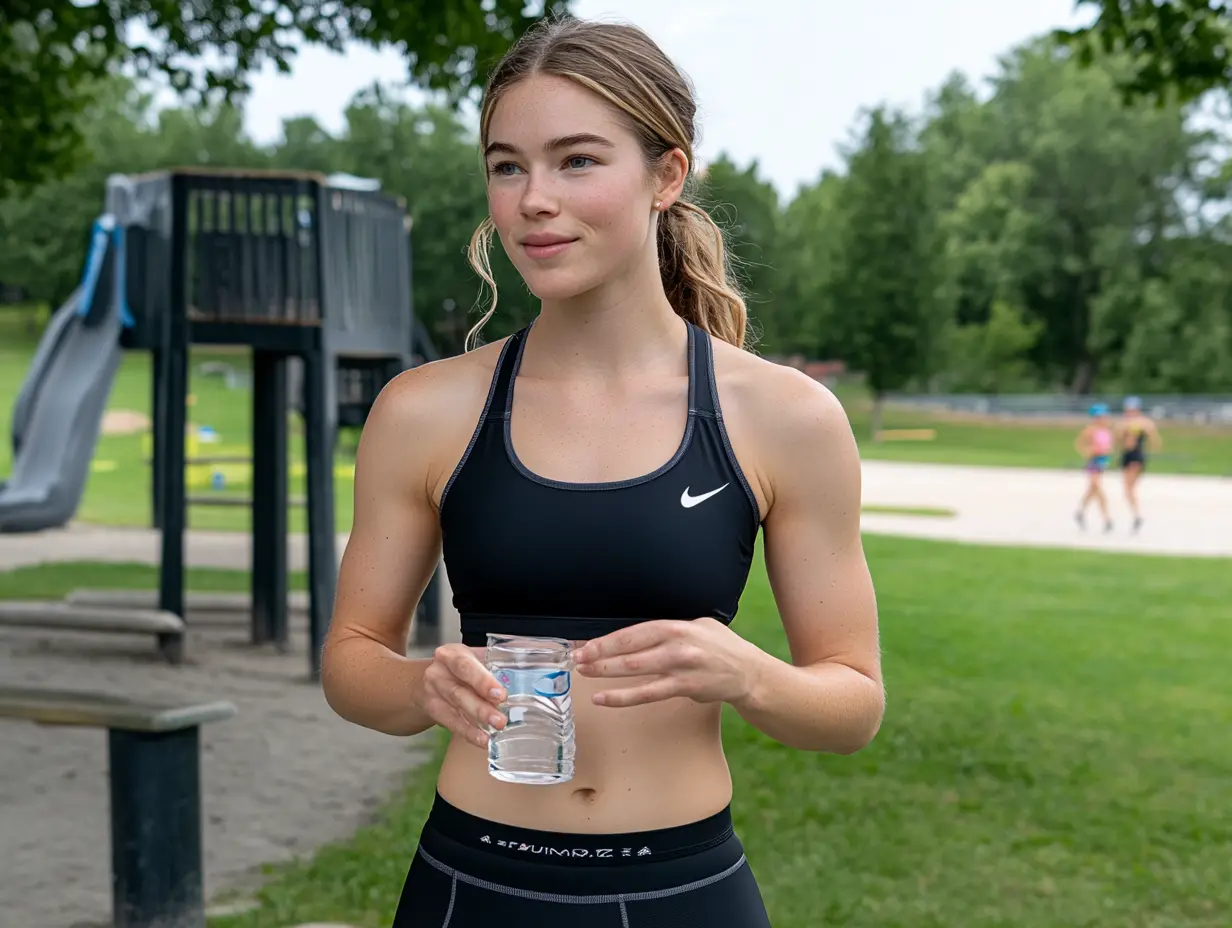 Girl stops to drink water during a run