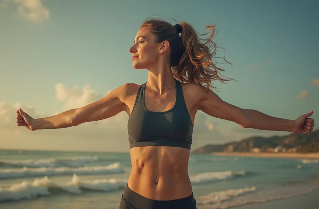 woman arms wide on a beach