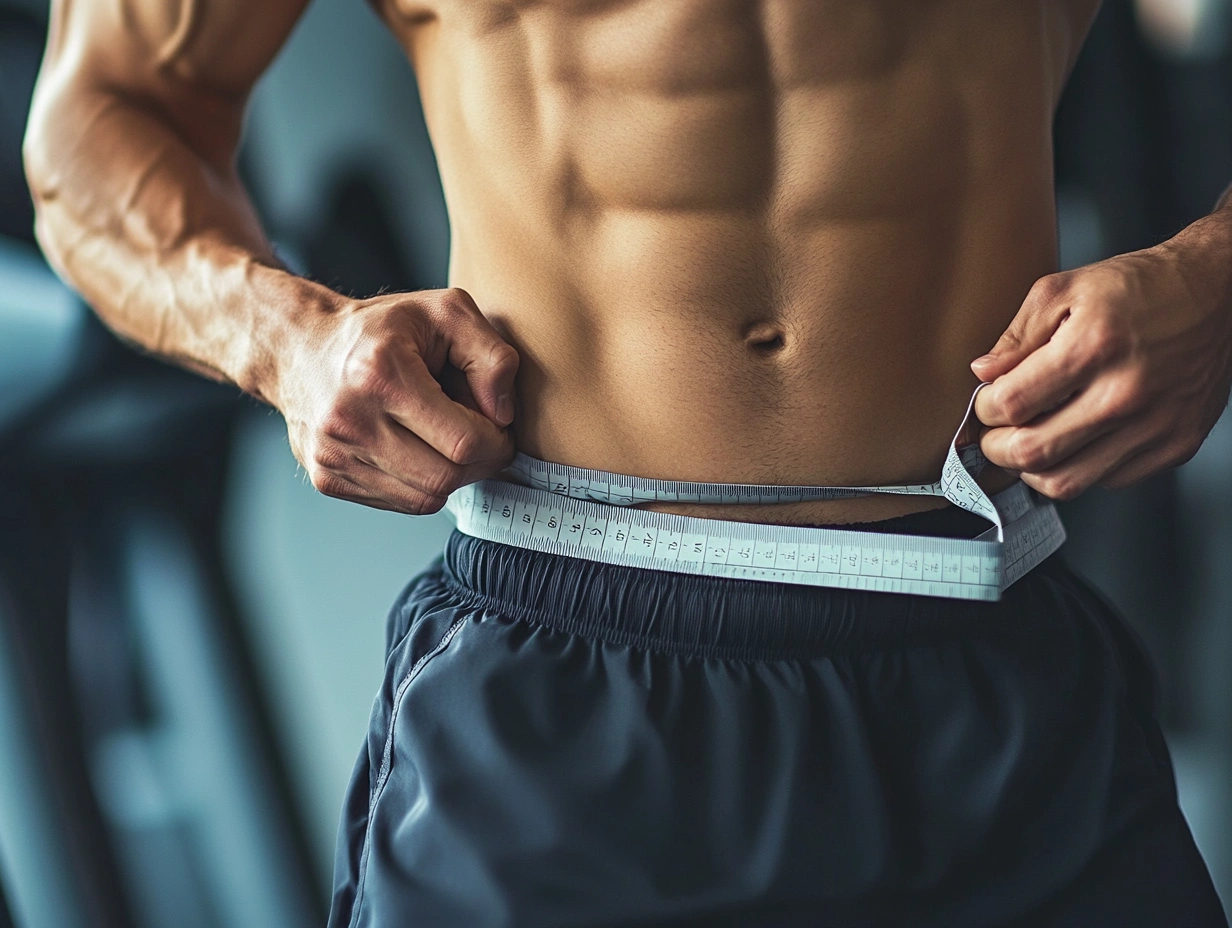 A guy ready to measure his waist in a gym